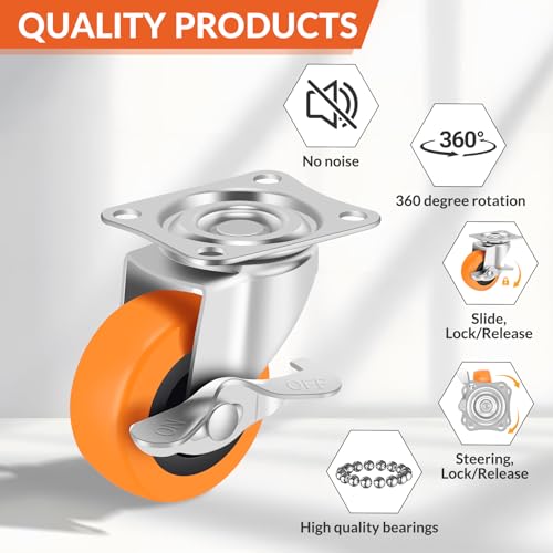 2.5 Inch Caster Wheels, Casters Set of 4,Heavy Duty Caster with Brake,Top Plate Swivel Wheels Industrial Castors Polyurethane Wheel, Locking Castor for Furniture Carts and Workbench