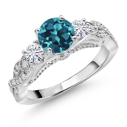 Gem Stone King 925 Sterling Silver London Blue Topaz and White Moissanite Engagement Ring For Women | 1.57 Cttw | Gemstone Birthstone | Round 6MM and 3MM | Available In Size 5, 6, 7, 8, 9
