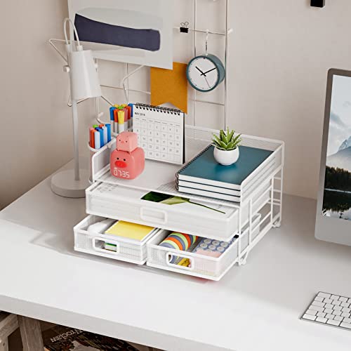 3 Tier Mesh Desk Organizer with Drawer for Home Office Supplies - White