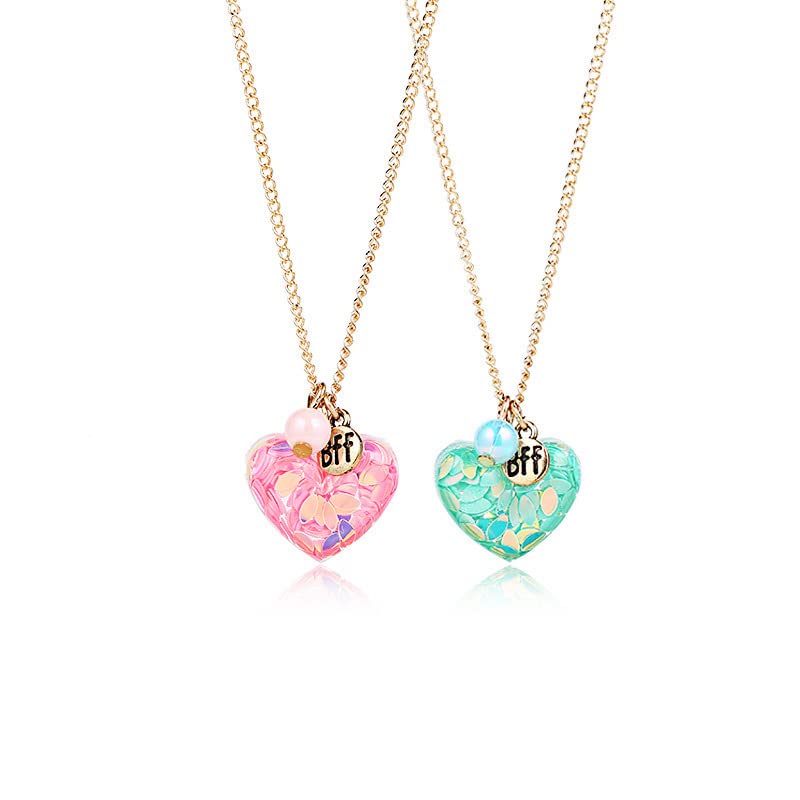 El Regalo2 PCs Best-Friend (BF) Pink & Blue Resin Sparkling Heart 2PCs Pendant Necklace Set for Girls Besties/Sisters/Best Friends