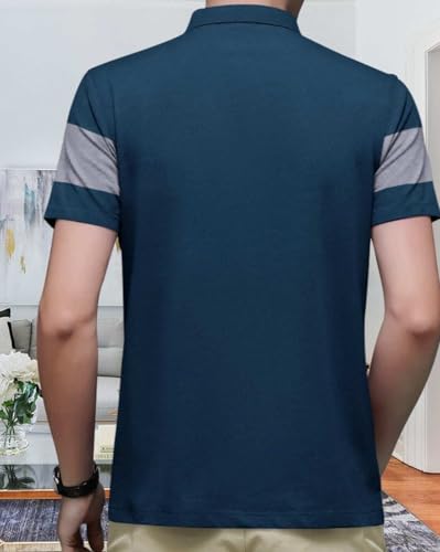Image of GENERIC Men's TealGrey Striped Polo Collar Half Sleeve T-Shirt XL