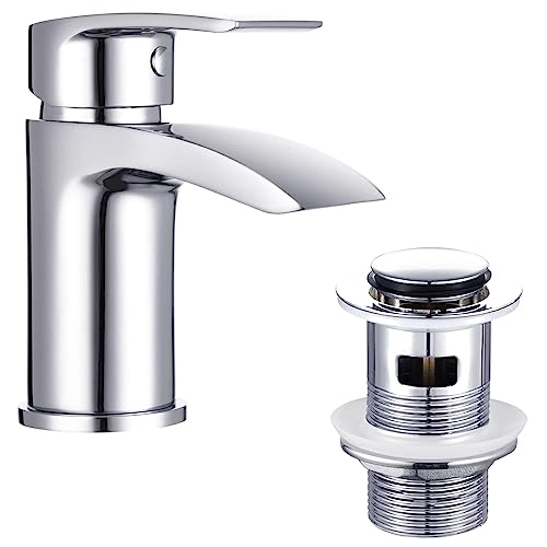 Price comparison product image Funime Basin Taps Mixer Waterfall Bathroom Sink Tap Mixers Mono Chrome with Pop up Waste Brass Single Hole Monobloc with Hoses G1 / 2'' Modern Round