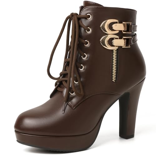 Image of Susanny High Heel Boots for Women,Womens Platform Boot Heels Sexy Round Toe Lace UP High Heels Mid Calf Boots