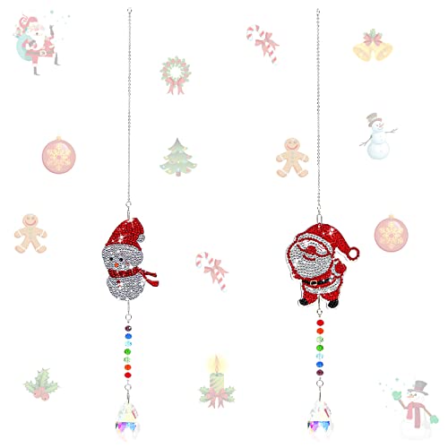 2 Packs 5D Diamond Painting Sun Catcher Christmas Wind Chime DIY Santa Claus Snowman Crystal Pendent Christmas Hanging Ornament for Indoor Outdoor Home Decor (Style B)