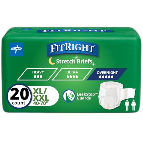 Medline FitRight Extended Wear Stretch Briefs, Overnight Adult Diapers with Tabs, Size 2 (Bag of 20)