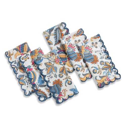 FINGERCRAFT Scallop Embroidery Cloth Napkins, Set of 6, Ice Flow Floral