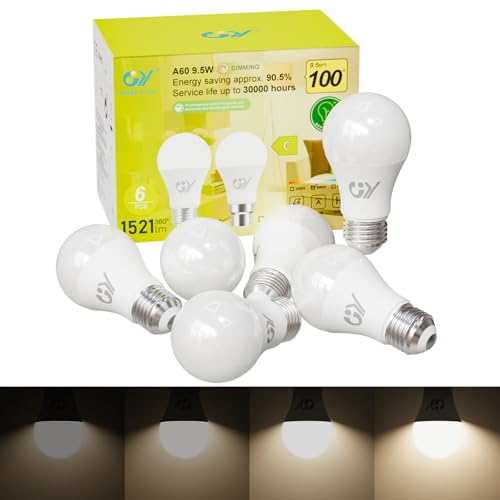 GY Bombilla LED E27 Luz Natural 4000K, 9.5W (Eq. 100W) 1521LM Dimmable (Protección Ocular), Ángulo 280°, Sin Parpadeo, CRI＞80, A60 Bombillas Regulable Blanco Neutro, 6 Pieza