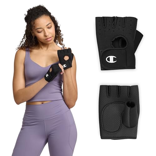 Champion Fingerless Gloves for Women (M/L, Black), Workout Gloves with Padded Palm & Wrist Support,...