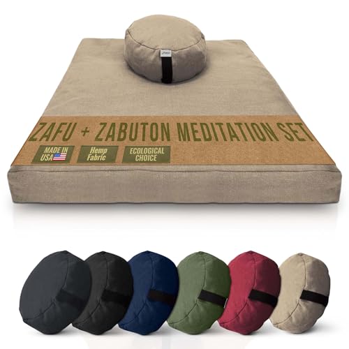 Meditation Cushion Mat Set HEMP - Round Zafu Floor Pillow Organic Buckwheat Pillow + Cotton Filled Zabuton Prayer Pad - Meditation Pillow Yoga Knee Pad - Made in USA - 14