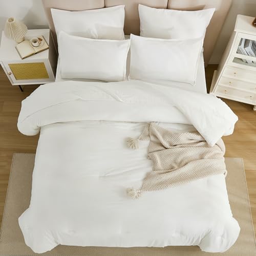 Litanika Full Size Comforter Set Ivory - 7 Pieces Bed in a Bag Full Bedding Comforter Sets, Solid Lightweight Bed Set with Comforter, Sheets, Pillowcases & Shams