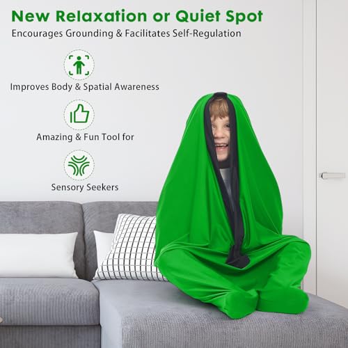 Image of Sensory Body Sock for Adults, Extra Large Compression Sack 30 * 68 inch, Soft Fabric with Strong Stitching and Snap Closures (Vivid Green)
