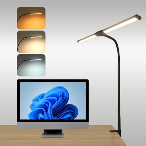 Anluomania Lampara Escritorio LED, Lámpara de Escritorio de Doble Cabezal, Flexo LED Escritorio con Pinza, 3 Modos de Color y 10 Niveles de Brillo, Función de Memoria, para Estudio, Oficina, Monitor