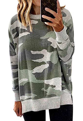 ECOWISH Women's Camouflage Print Casual Leopard Pullover Long Sleeve Sweatshirts Top Blouse 017 Gray Green X-Large
