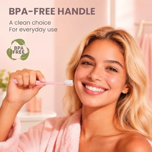 Image of SUREE Extra Soft Manual Toothbrushes for Adults, Ultra Dense Nano Bristles, Great for Sensitive Teeth & Gums, Wide Head, Ergonomic Non-Slip Grip, BPA-Free Handle (Pink, 5 Pack)