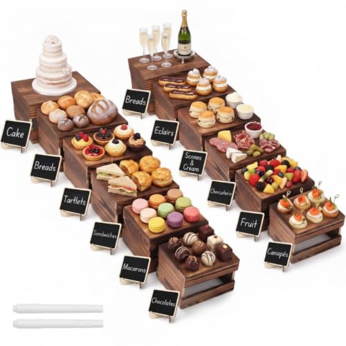 Image of Sintuff 12 Pcs Wood Buffet Riser with Mini Signs and Marker, 6 Size Rustic Wooden Cake Stands Buffet Table Food Riser Dessert Display Stand for Party Wedding Birthday Home Decor