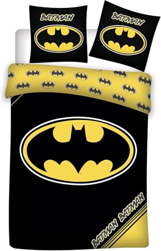 BrandMac Parure de lit Batman pour lit simple | Housse de couette 140 x 200 cm avec taie d'oreiller 60 x 65 cm | 100 % coton | Motif Bat-Signal classique noir...