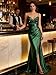 Satin Mermaid Prom Dresses for Women Lace Appliques Pleated Emerald Green Prom Dress Long V Neck Spaghetti Strap Open Back Formal Evening Gown with Slit