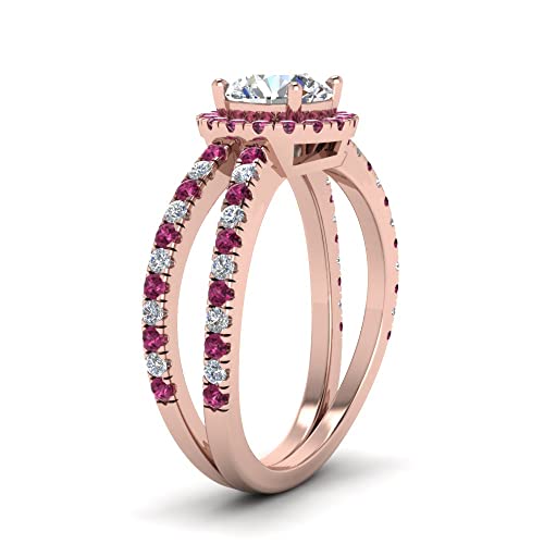 Image of 55Carat Choose Your Gemstone Reverse Split Shank Halo Diamond CZ Ring Rose Gold Plated Round Shape Halo Engagement Rings Matching Jewelry Wedding Jewelry Easy to Wear Gifts US Size 4 to 12