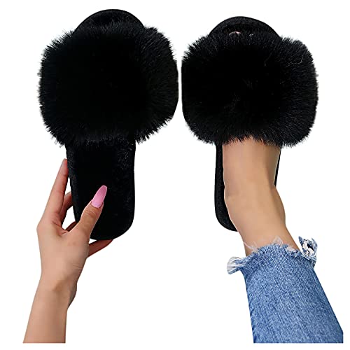 Damen Fell Hausschuhe Einfarbig Pelz Schlappen Offene Zeh Flauschige...