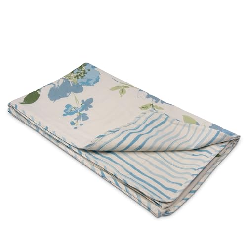 Image of HUESLAND 100% Cotton Reversible Dohar Toddler Size | Soft Cambric Weave, All Weather Light Comforter AC Quilt | Infants-New Born Blanket | 41 x 55 inches, Floral Fusion - Cream, Carolina Blue & Green