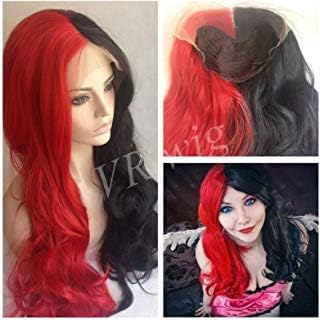 VRwig Long Curly Half Red Color Half Black Color Heat Resistant Cosplay Synthetic Hair Lace Front Wigs 26inch
