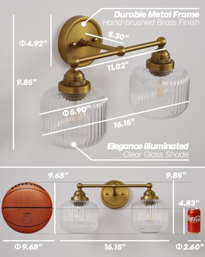 Image of Vintage 2-Lights Clear Ribbed Glass Wall Sconce Lighting | Brass Finished Double Head Bathroom Vanity Light Fixture for Bedroom Living Room Dining Room Hallway E26 Edison Screw