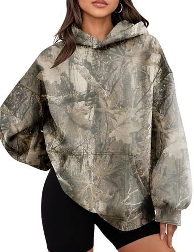 JEIBKOUY Womens Oversized Camo Hoodie Y2k Maple Leaf Print Fleece Hooded Pullover Sweatshirt Casual Long Sleeve Fall Outfits