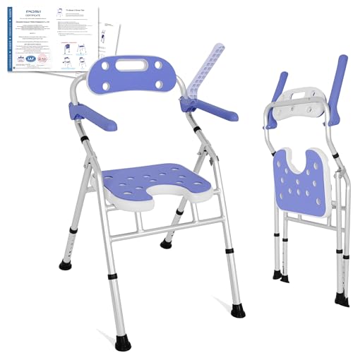 OUUTMEE Silla de ducha plegable con altura ajustable, silla de baño plegable con brazos y respaldo - Asiento de baño que ahorra espacio para la seguridad de los ancianos (blanco)