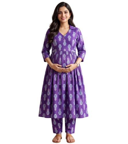 Image of DUMMY SHAPE Maternity Dresses for Women Cotton | Floral Kurta Pant Dupatta Set with Nursing Zippers, Side Pocket | Pre & Post Pregnancy | Feeding Kurti Suit | Baby Shower | Gifts for Pregnant Woman