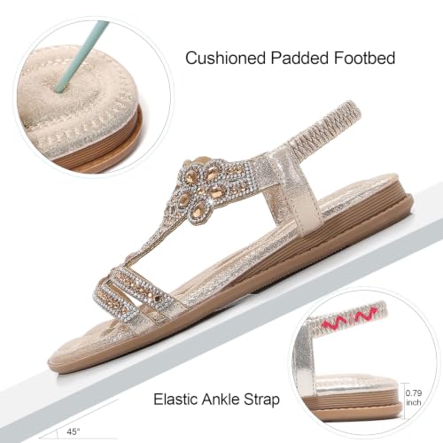 Image of iCKER Womens Rhinestone Strappy Flat Sandals Elastic Ankle Strap Open‑Toe | Sparkling,for wedding,party,evening dates,special occasion,Vacation,Formal
