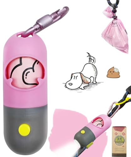 Dog Poop Bag Holder Dispenser with LED Flashlight - Night Visibility for Safe Evening Walks | Upgraded Hands-Free Leash Clip | Includes 15 Dog Waste Bags (Pink)