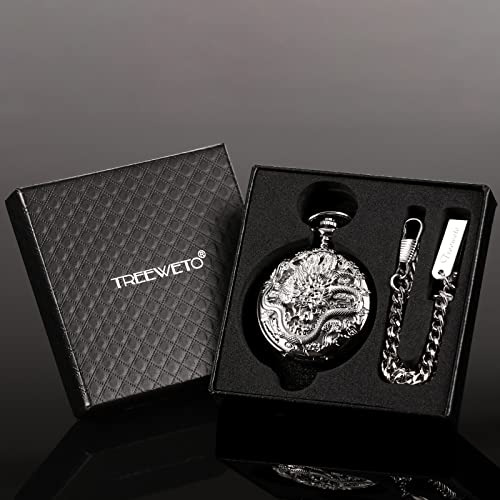 Treeweto Mens Womens Antique Skeleton Mechanical Pocket Watch Silver 3D Dragon Case With Chain Box #TOP4