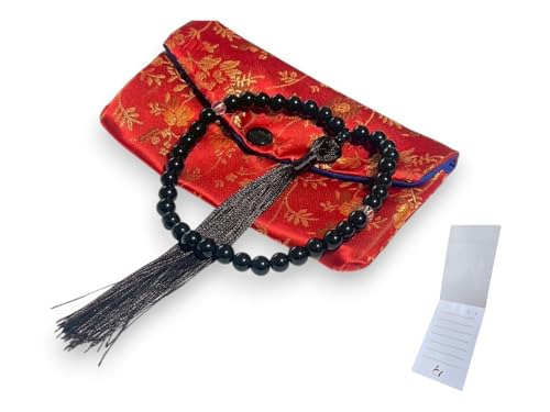 数珠 女性用念珠 + お念珠袋(ボタンタイプ)(赤) 略式仏具 冠婚葬祭 法要 お通夜 葬儀 法事 ACTYUKオリジナルメモ帳付き (黒)