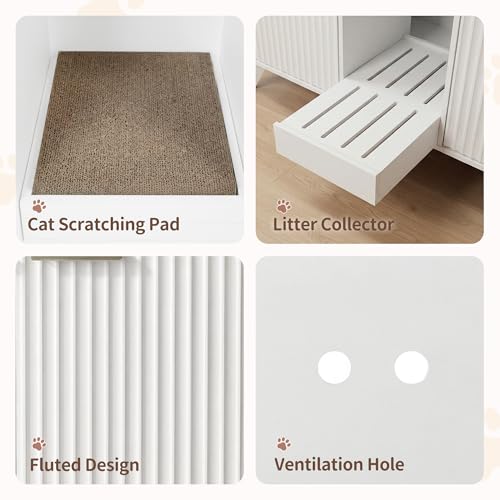 Image of Double Cat Litter Box Enclosure for 2 Cats,Fluted Hidden Litter Box Furniture with Litter Collector & Scratch Pad,47 inch Large Enclosed Cat Cabinet,Cat House for Living Room,White with Marble Top