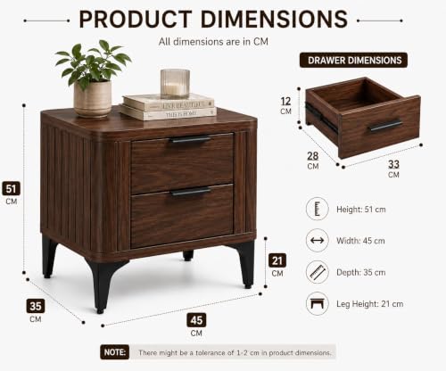 Image of Solid Sheesham Wood Bedside Table for Bedroom & Livingroom | Nightstand End Table with 2 Drawers Storage for Home | Modern & Luxury Design| (Walnut Finish)