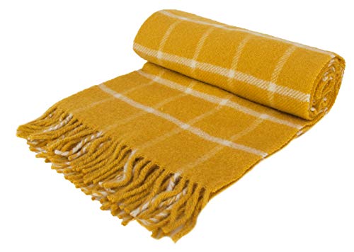 Windowpane Check - Pure New Wool - Knee Rug Throw Small Blanket - Mustard Yellow - British Made by Tweedmill Textiles