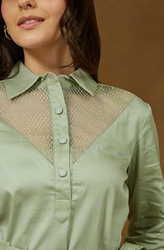 Image of Janasya Women's Sage Green Cotton Embellished A-line Tie-up Dress