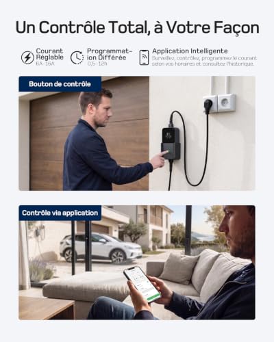 dé 3,7kW Chargeur Voiture Electrique avec App, 7,5m Recharge Type 2 6-16A - 2