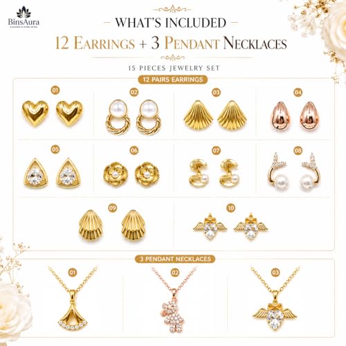 Image of BinsAura 12 Piece Jewellery Gift Set for Women with Premium Jewellery Box | 9 Korean Stud, Hoop & Drop Earrings + 3 Pendant Necklace Set | Fashion Jewellery Combo for Girls | Birthday, Anniversary, Wedding Gift
