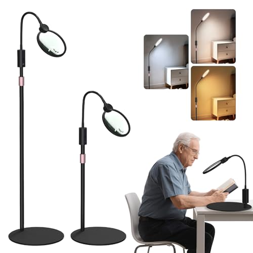 30X 10X Large Floor Magnifying Glass with Light and Stand, Three Lighting Modes, Stepless Dimmable, Flexible Gooseneck Floor Magnifying Lamp, Lighted Magnifiers for Close Work,Sewing, Crafts,Reading