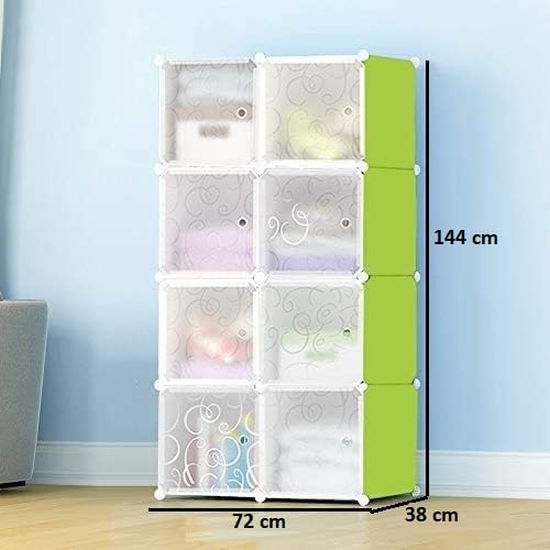 Image of KRISHYAM Kids Modular Storage Cabinet with anging Rail, 8 Cube Plastic Wardrobe Organizer, DIY Closet System with Hanging Rod, Toy & Clothes Storage (Green Plain, 8 Box)