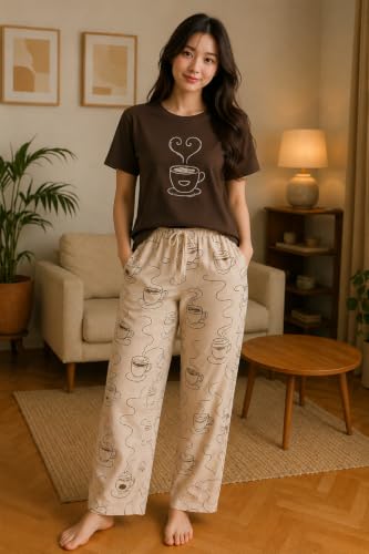 Image of Women's Korean Style Looper Fabric Nightsuit Set | Cute Print Half Sleeve T-Shirt & Pajama Set | Soft Comfortable Nightwear & Loungewear for Women