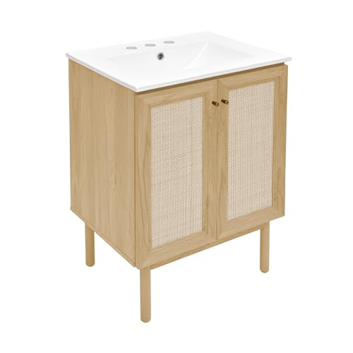Image of Swiss Madison Classe 24 inch Freestanding Bathroom Vanity in Natural Oak with 3-Hole Centerset Sink Top