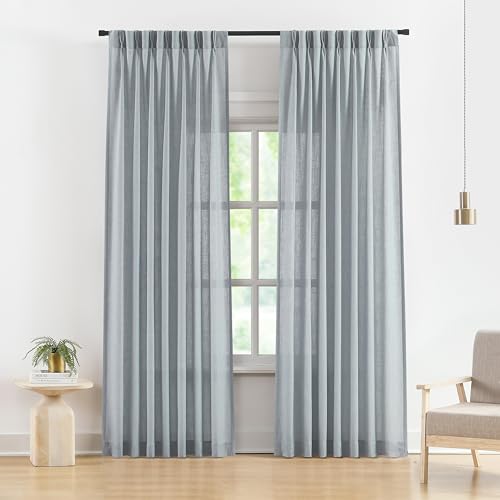 Image of Vision Home Pinch Pleated Semi Sheer Curtains Textured Linen Blended Light Filtering Window Curtains 95 inch for Living Room Bedroom Pinch Pleat Drapes with Hooks 2 Panels 40 inch Wx95 L,Blue Fog
