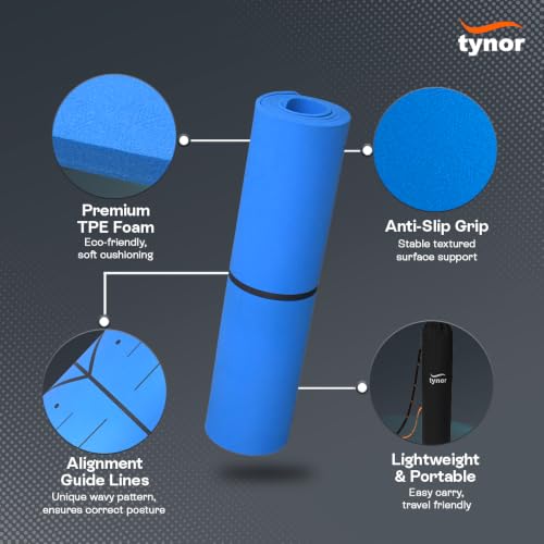 Image of Tynor Yoga Mat TPE, Non-Slip, Eco-Friendly Exercise, Workout & Fitness Mat for Men & Women, Home, Gym & Outdoor Use | Durable, Foldable & Cushioned Support With Carry Bag (Blue, 6MM Thick, 1 Unit)