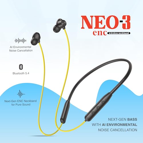 Image of Walta NEO 3 Bluetooth Neckband (in-Ear) with ENC, 45H Playback, Bluetooth 5.4, Type-C Quick Charge & Powerful Bass - Yellow Color