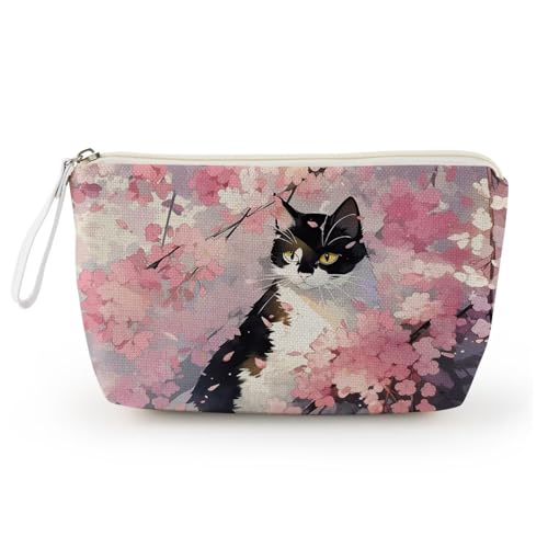 Livel lhood 可愛い猫柄のプリント 持ち運びに便利 化粧ポーチ 桜のフローラル柄 軽量のコスメポーチ 黒白猫柄 収納ポーチ
