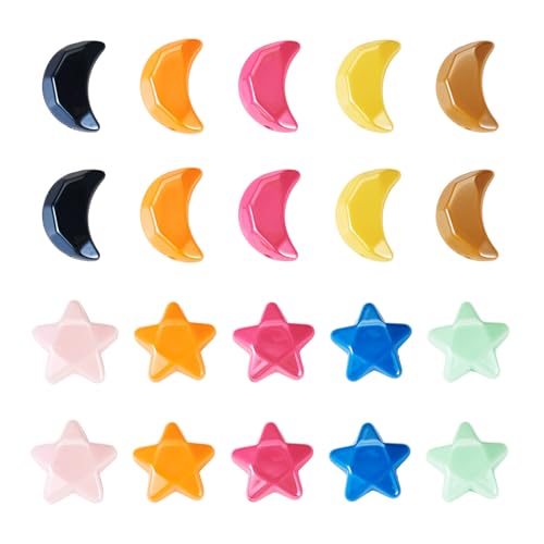 Crafans 20pc Moon Star Acrylic Faceted Spacer Beads - Opaque Colorful Star Acrylic Beads for DIY Necklace, Keychains & Jewelry Making