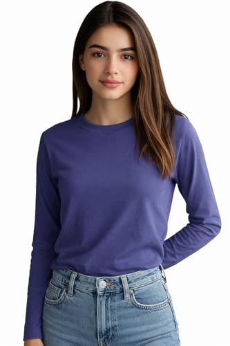 Image of JUNEBERRY Pure Cotton Round Neck Regular Fit Core Fashion Solid Full Sleeve T-Shirt for Women & Girls (Colors: Black, Cork, Green, Navy, Swanwhite & White)