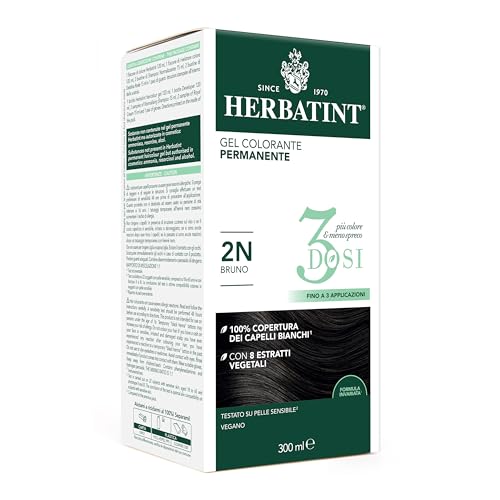 Herbatint Gel Colorante Permanente 3dosi - 300ml, 2N Bruno, Senza Ammoniaca, per Pelli Sensibili, 100% Copertura Capelli Bianchi, con 8 Estratti Naturali Bio